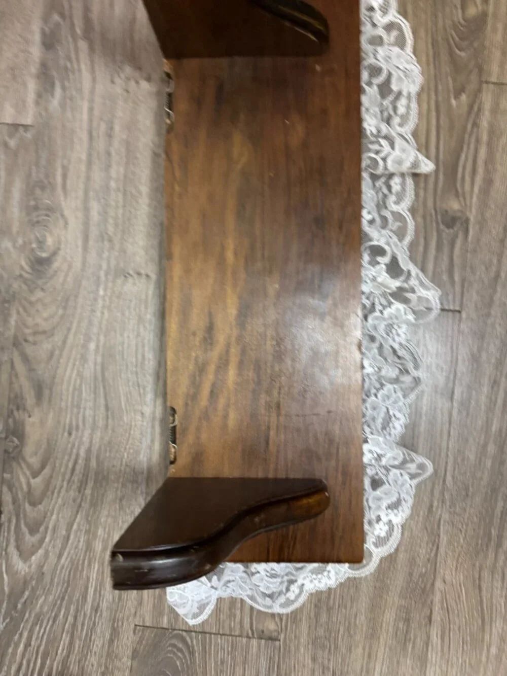 Vintage Farmhouse Wooden Wall Shelf with Lace Trim Cottage Chic Display Shelf